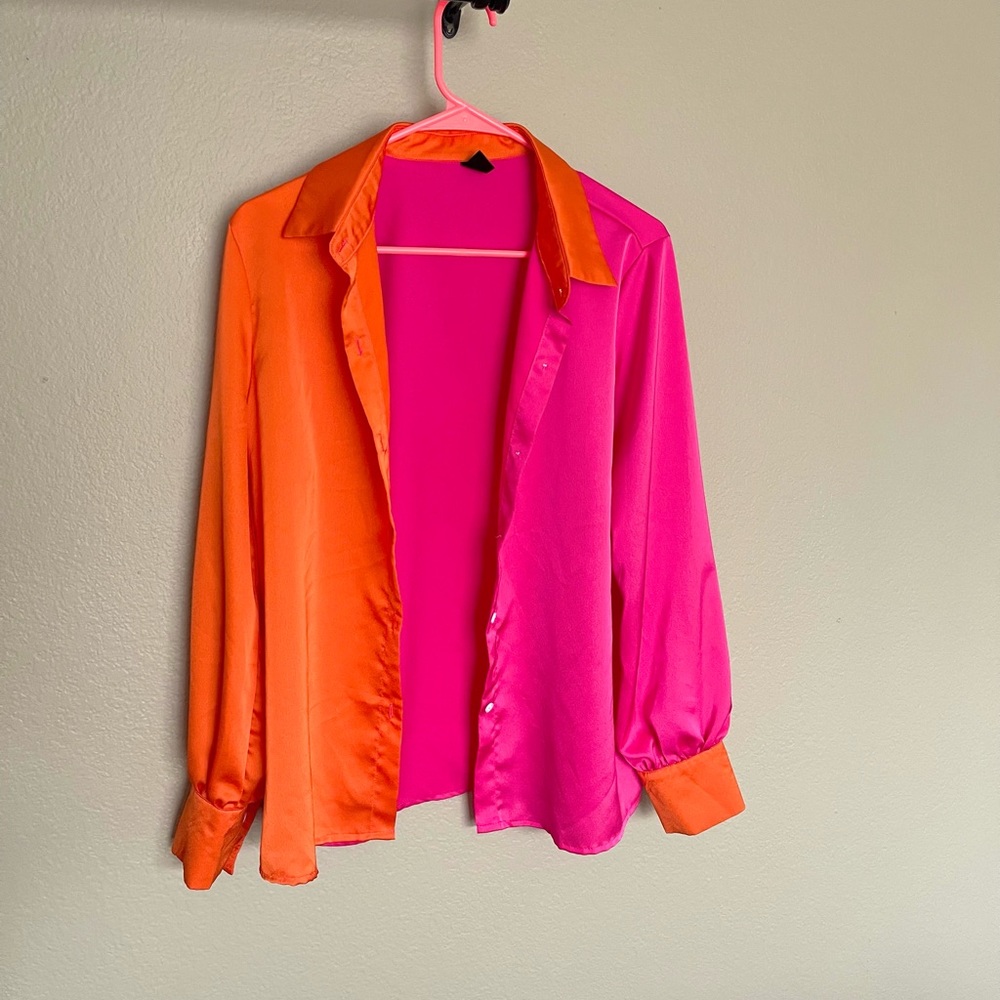 Pink Orange Color Block Button Up Blouse